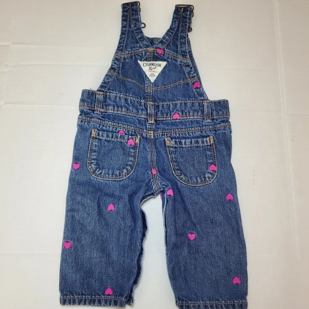 OshKosh B'Gosh Denim Overalls Embroidered Hearts Blue Pink Size 6 M